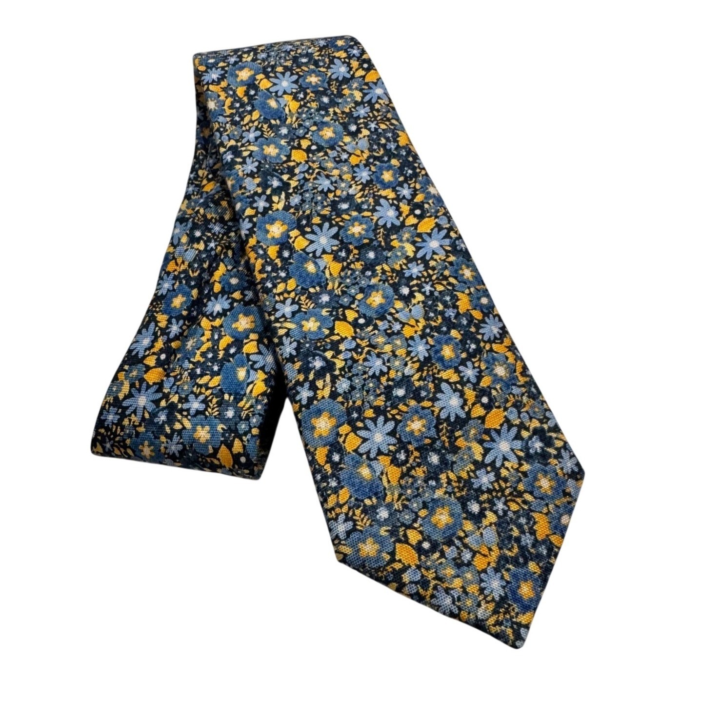 Cremieux Mens Silk Cotton Floral Tie Blue Yellow Made In Italy 3 Inch Width
